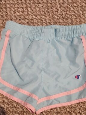 Champion Light Blue Girls' Athletic Shorts with Pink Trim